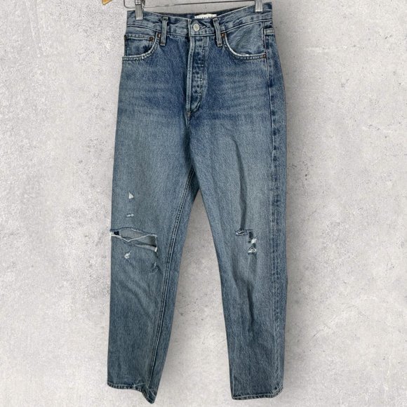 AGOLDE 90s Pinch High Rise Straight Leg Jeans Revolve Blue‎ Denim Distress Sz 24 - Picture 3 of 15